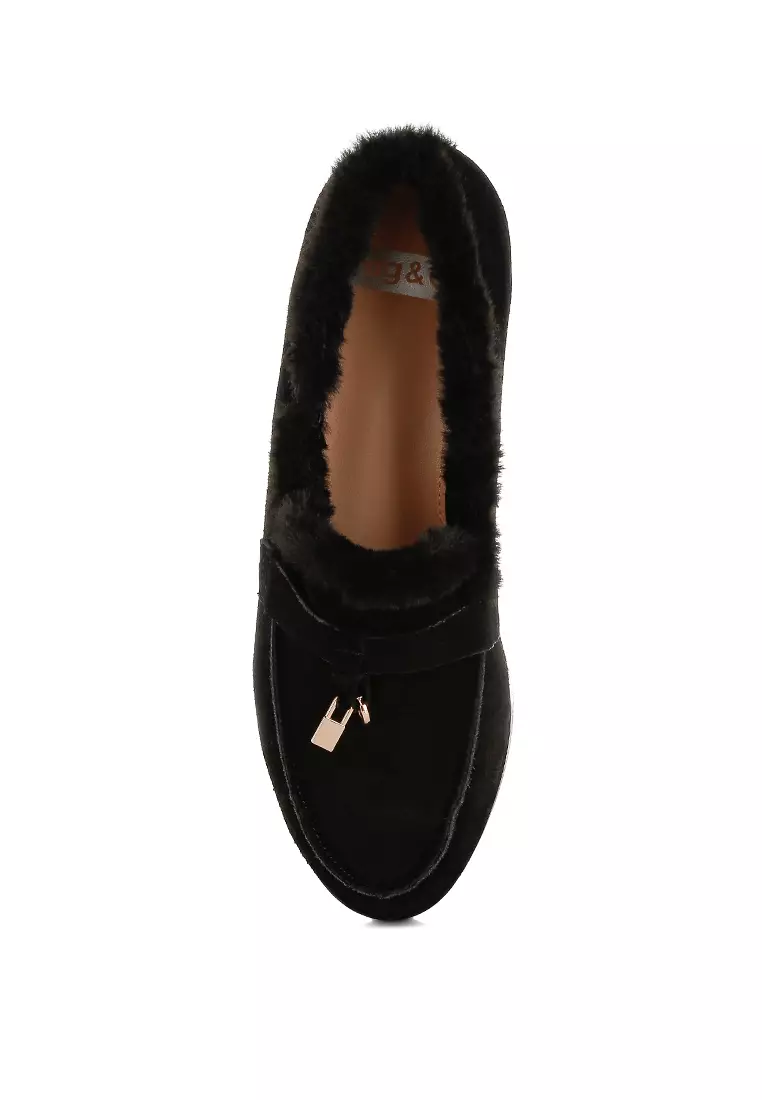 Suede & Faux Fur Flat Loafers In Black