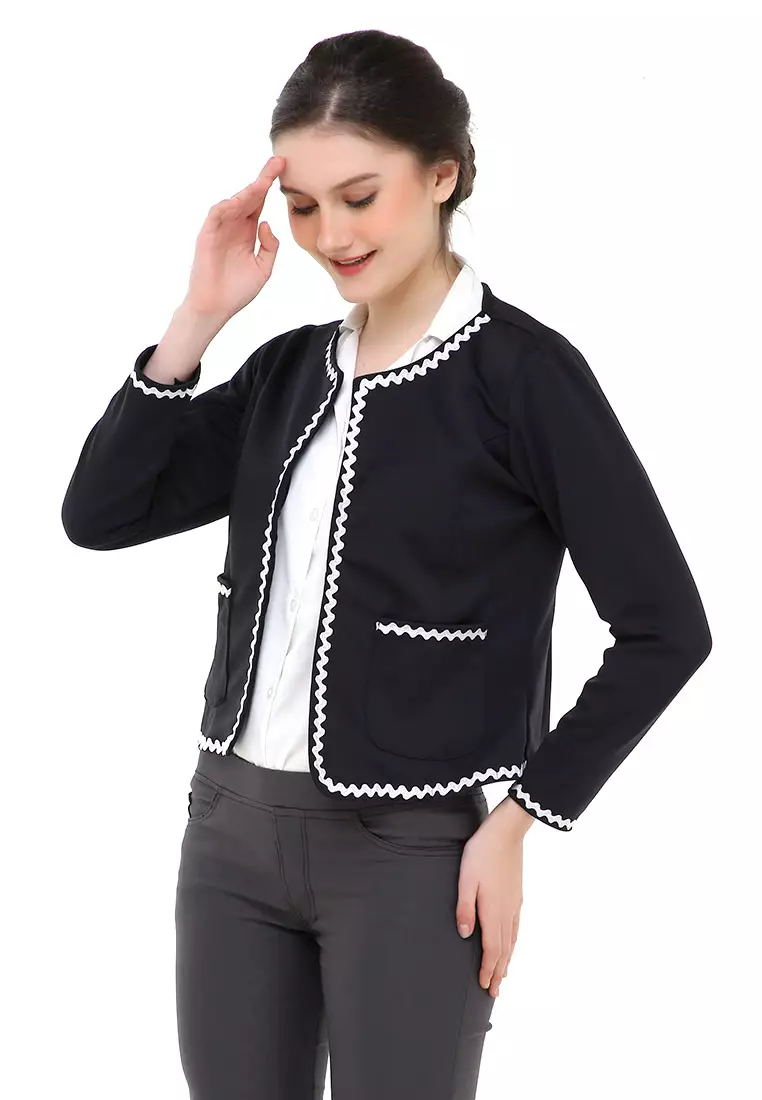 Qemsya Blazer Wanita Lace Motives Formal Suit Material Scuba ORIGINAL - Black