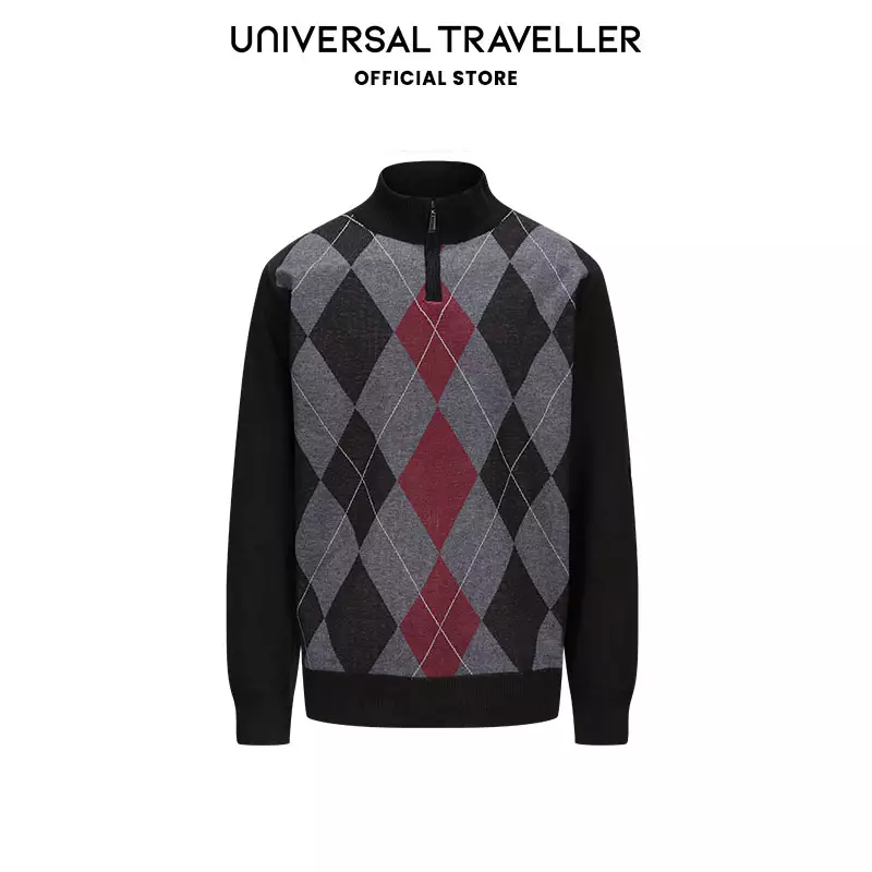 UNIVERSAL TRAVELLER HENLEY MOCK NECK ARGYLE PATTERN KNITTED SWEATER KS23029