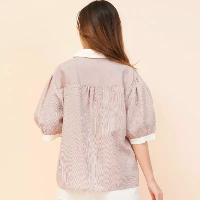 Stacie Solid Collar Stripe Shirt Love Button in Brown