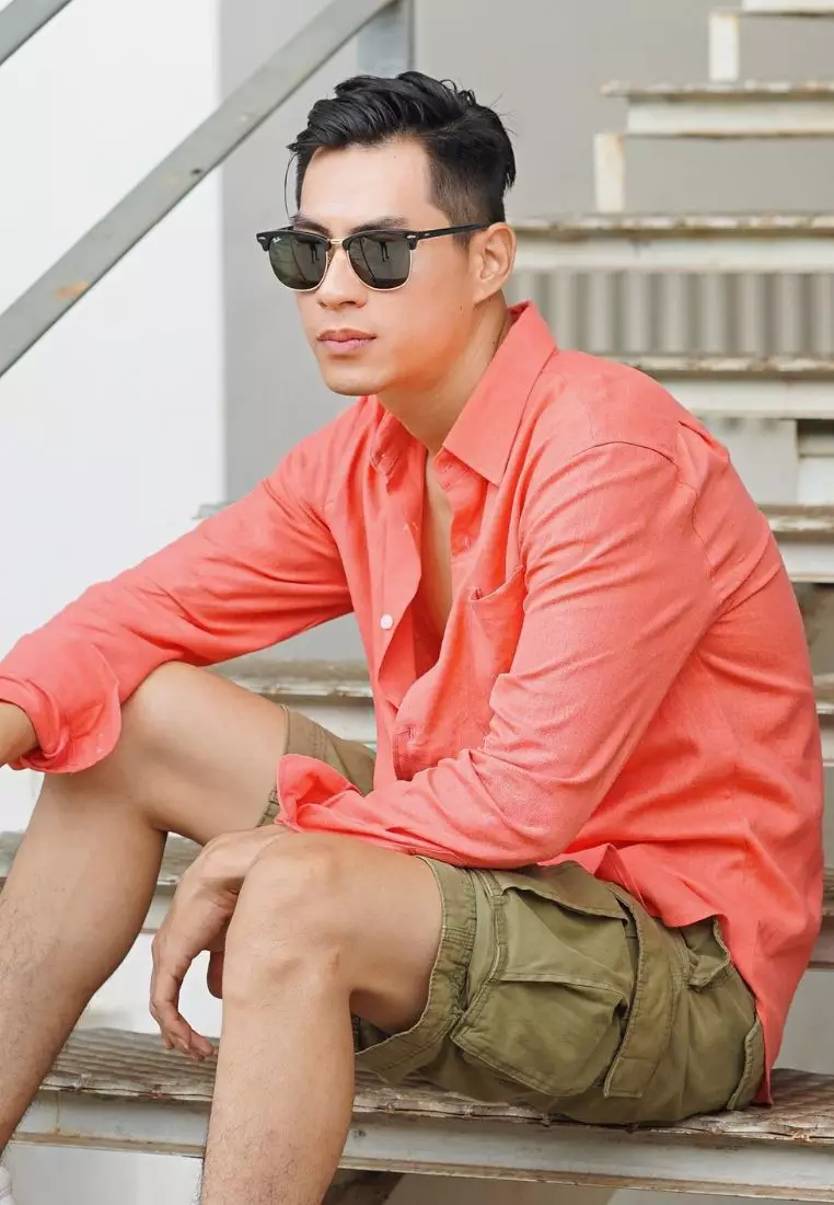 Coral Kemeja Linen Lengan Panjang Pria Merah Muda | Linen Long Sleeve Shirt Men Red