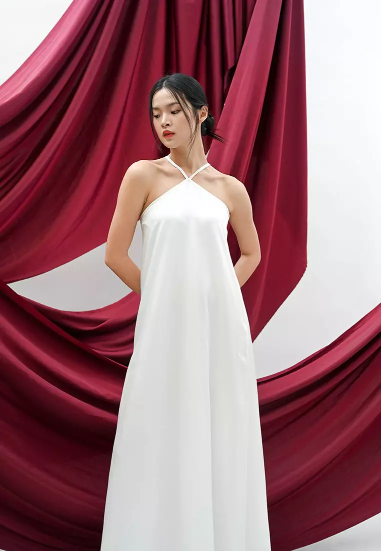 Halter Satin Maxi Dress in White