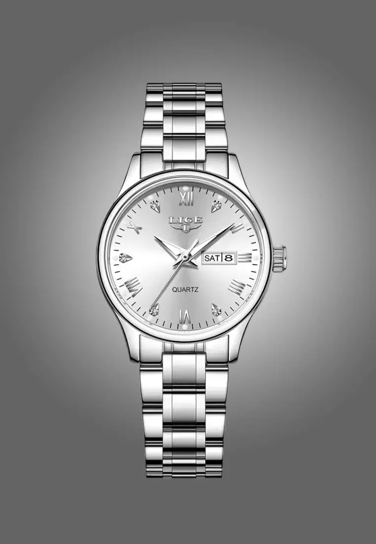 Ladies Day/Date Light Metal Alloy Quartz Watch, 29mm Diameter, Stainless Steel Bracelet