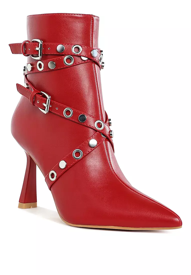 Eyelets & Studs Harness Ankle Boots in Red
