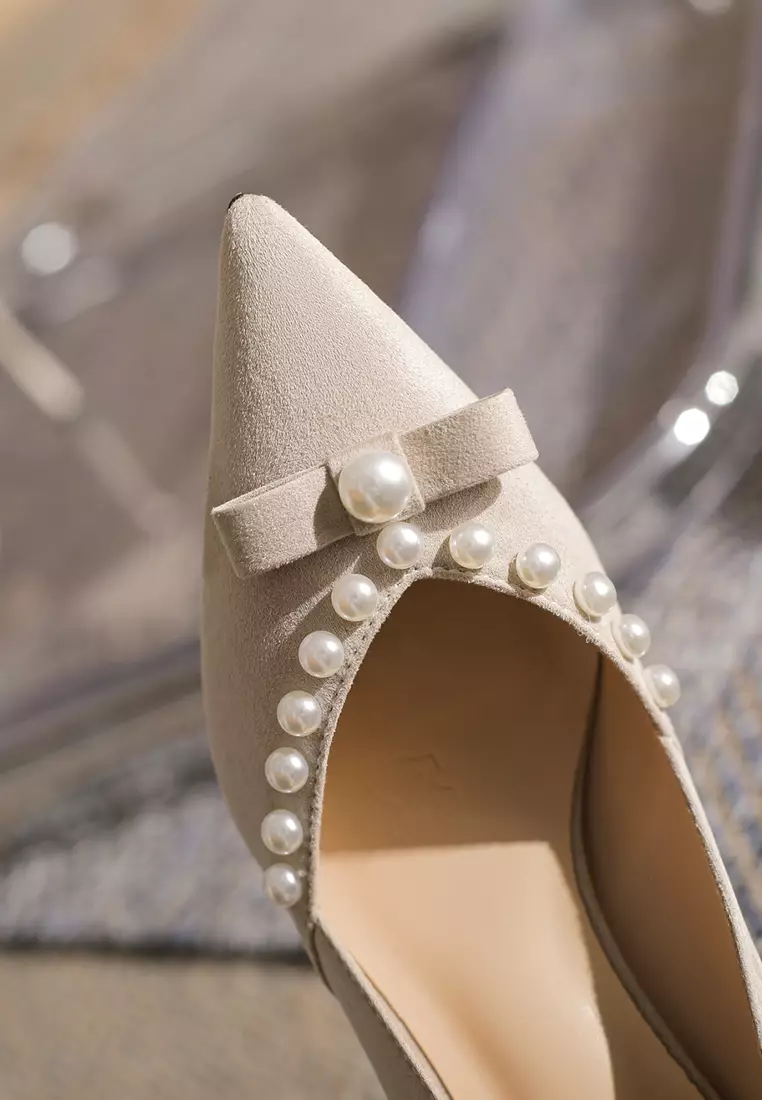 8.5CM Pearl Bow Pointy Suede Pumps TE7198-9