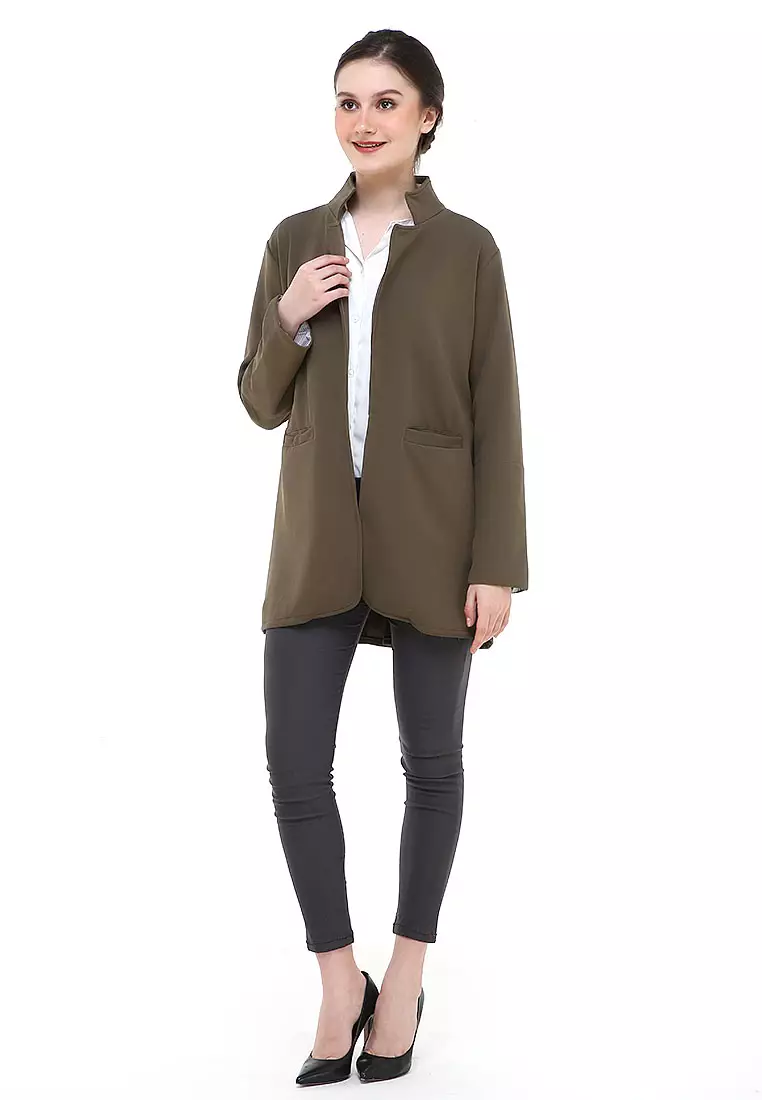 Qemsya Blazer Wanita Two Pockets Two Tone Casual Longsleeve Outer Material Bubbly Strecth ORIGINAL - Army