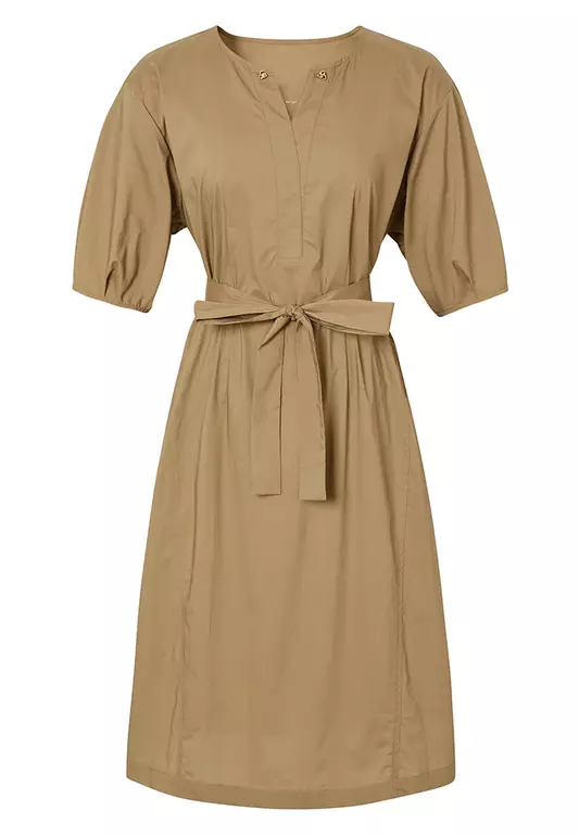Puff Sleeve V-Neck A-Line Dress with Waist Belt