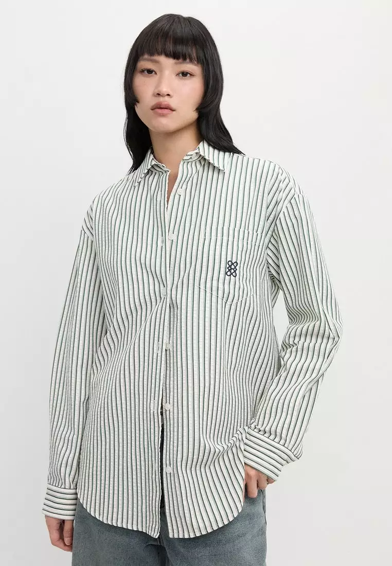 Oversized Striped Button Down Shirt - Dark Green