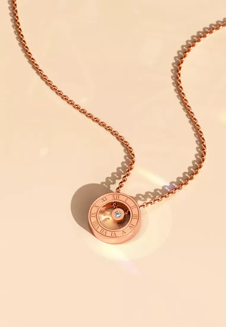 Roman Numerals Halo Pendant Necklace in Rose Gold Plated Titanium with Genuine 0.005ct Diamond