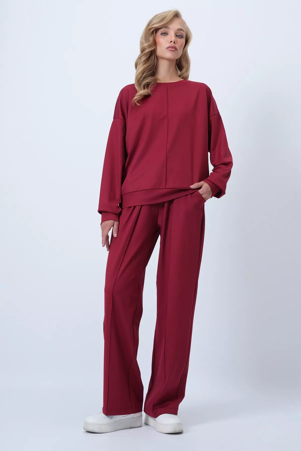 Burgundy Crew Neck Blouse With Ribbed Front Stitching And Double Pocket Trousers Set Alc-X14543