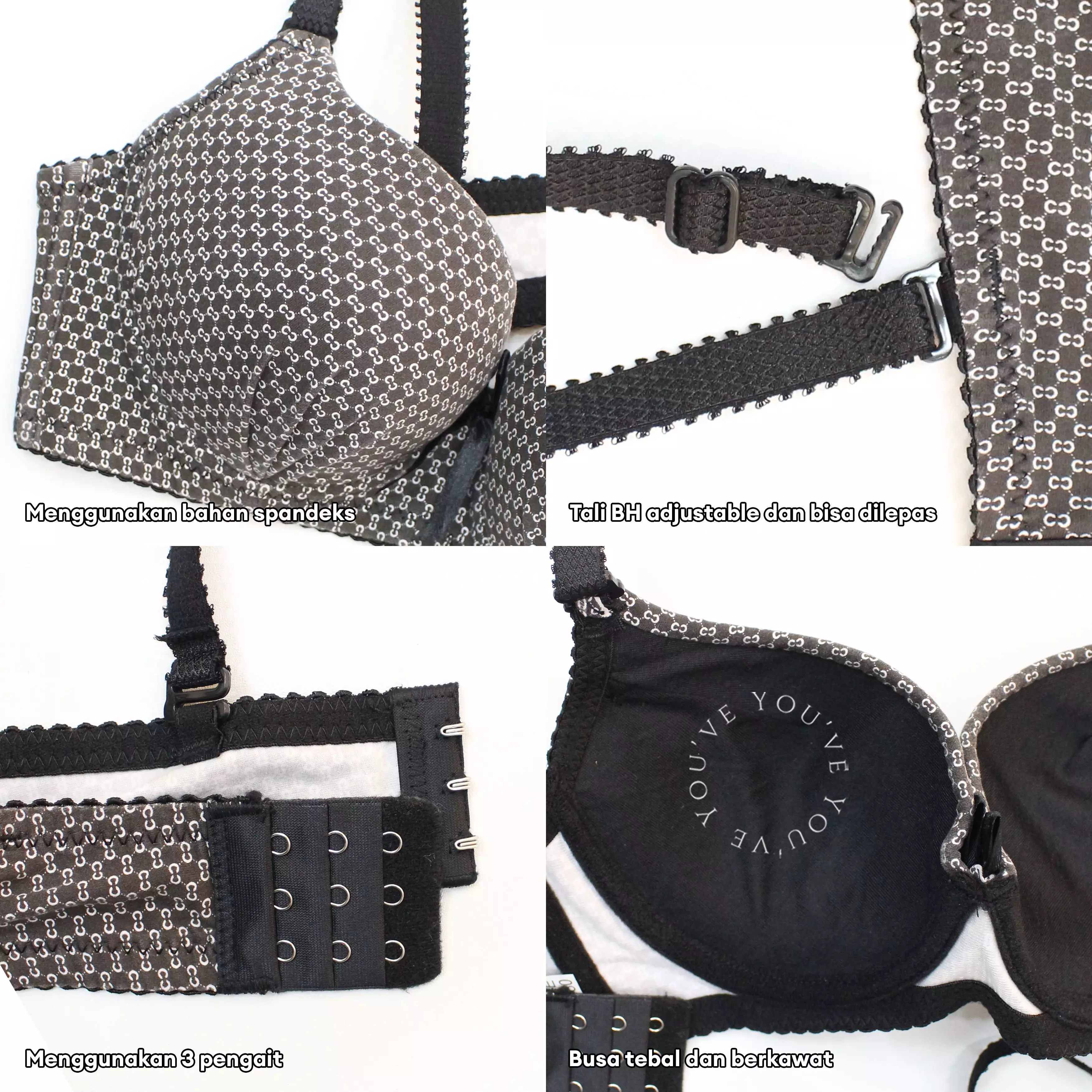 You’ve ( YouHave ) BH Bra Wanita Busa Tebal Kawat Push Up Kait 3 Cup AB Motif Tali Bisa Dilepas Pasang Beha 100193