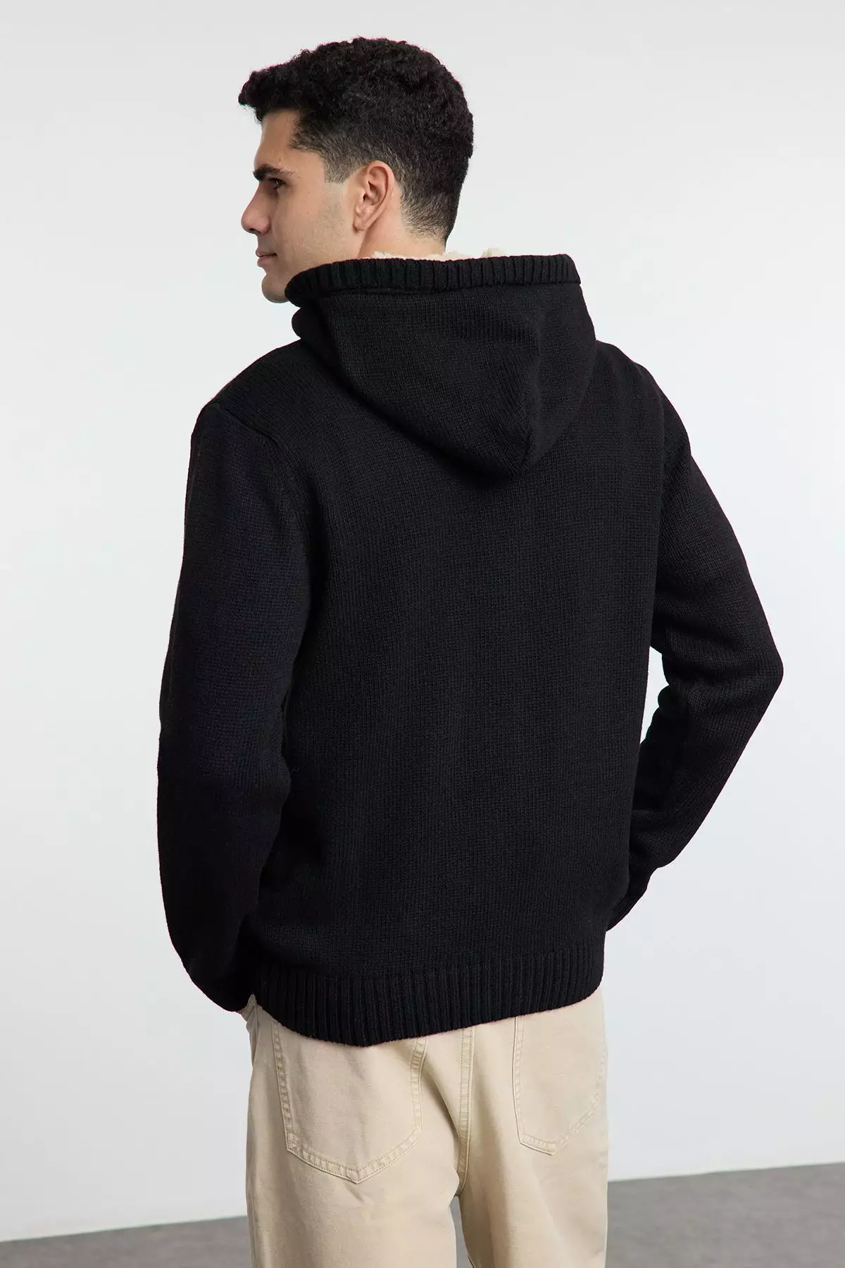 Black FL Men's Regular Hooded Plain Knitwear Cardigan TMNAW20HI0066