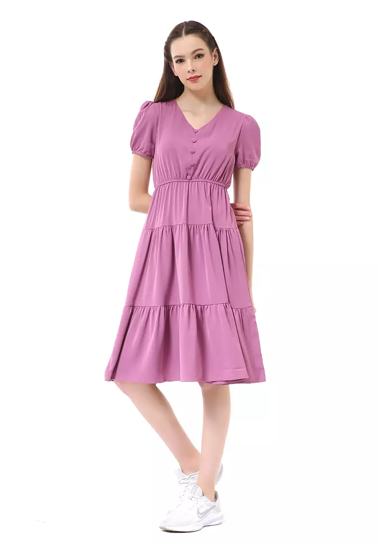 Rachel Ruffle Dress Wanita Lengan Pendek Motif Polos Material Ployester ORIGINAL - Purple