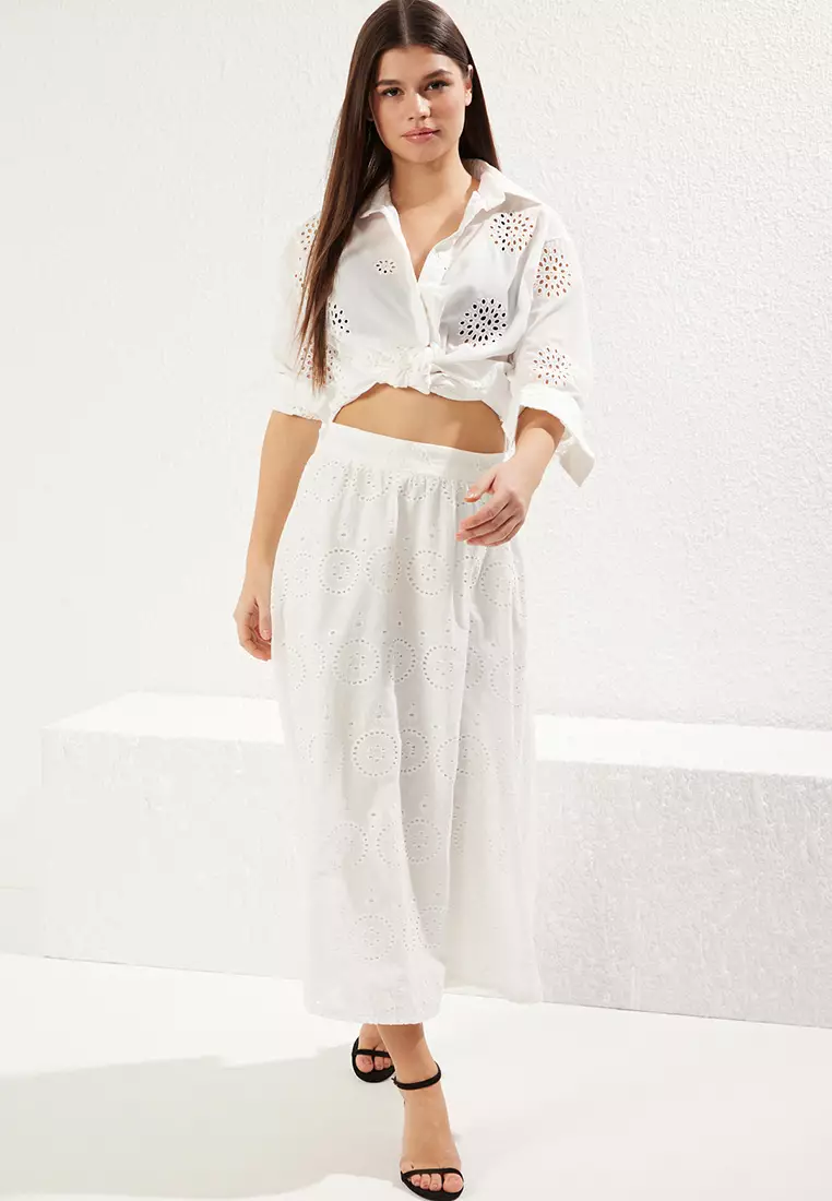 White Embroidered Fabric Maxi Length Woven Skirt