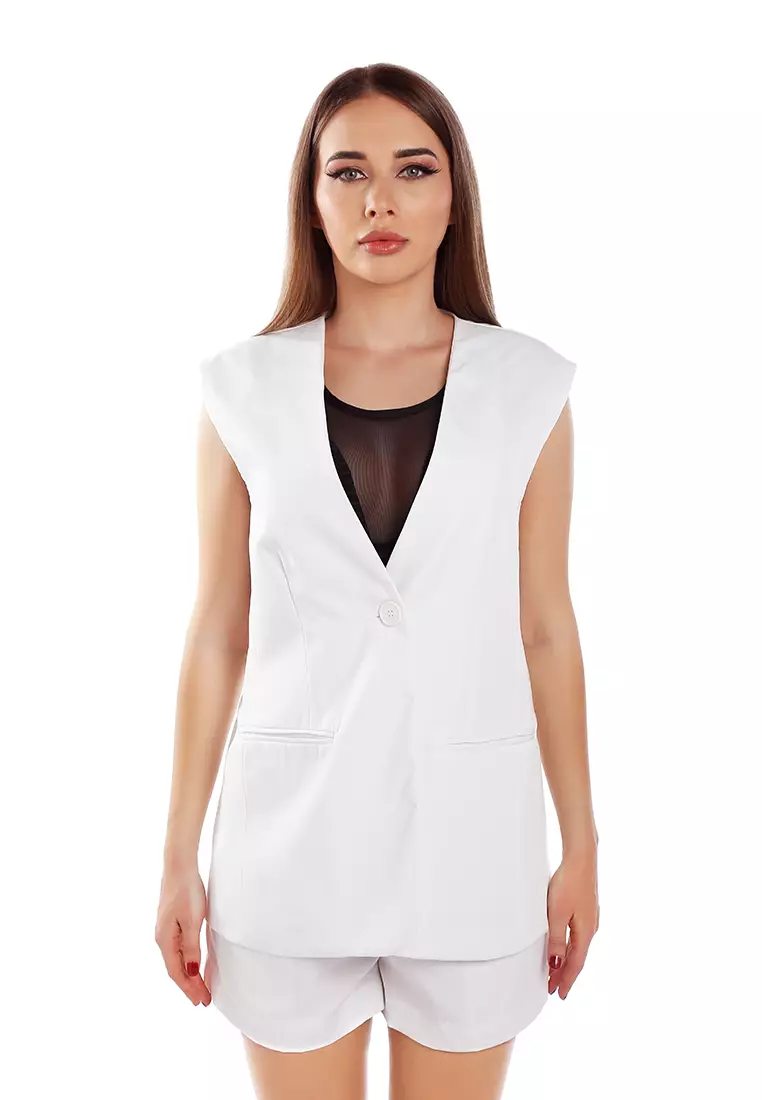 Setelan Rompi Panjang & Celana Pendek Lipit Warna Krem