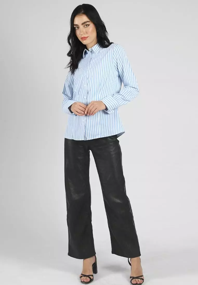 Kemeja Lengan Panjang Pierre Cardin Wanita Double Cuff Brail Stripe