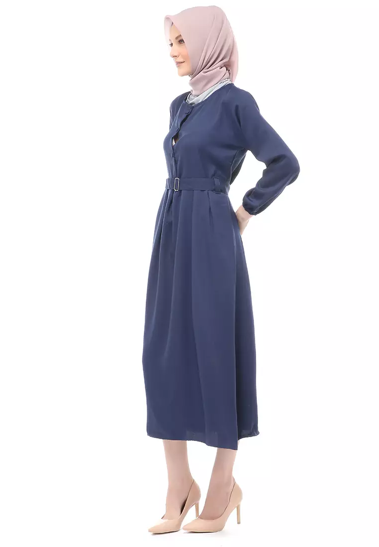 Berliana Gamis Muslimah Wanita With Belt Motif Polos Long Sleeve Relaxed Fit - Navy
