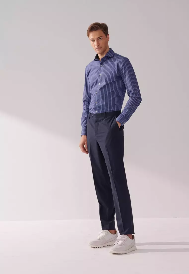 Blue and White Striped Textured Slim Fit Shirt