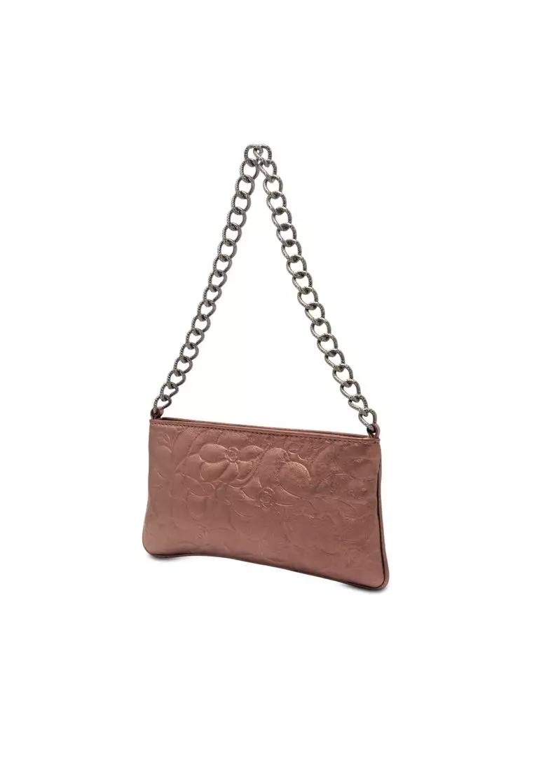 Pre-Loved Chanel Embossed Metallic Lambskin Camellia Chain Pochette