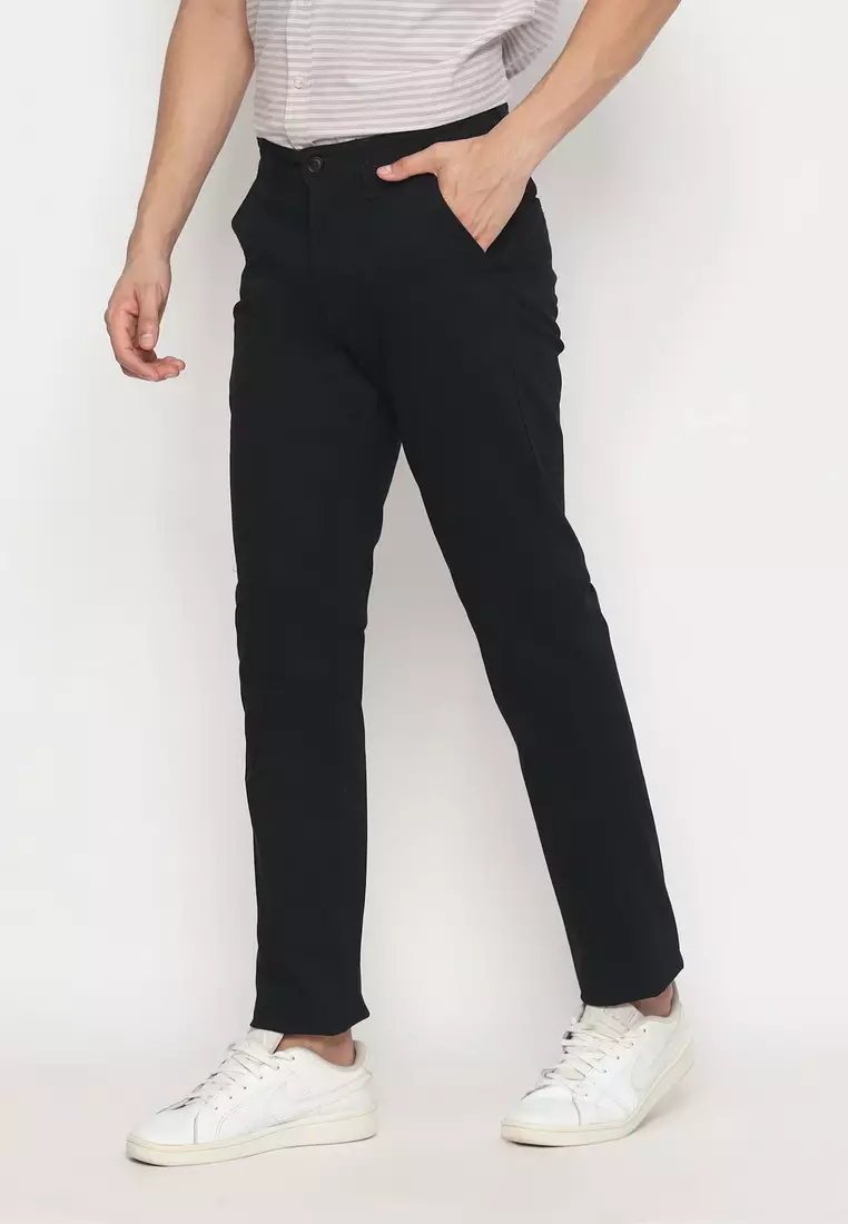POLICE Celana Chino Panjang Black Cotton Premium Regular Fit Pria