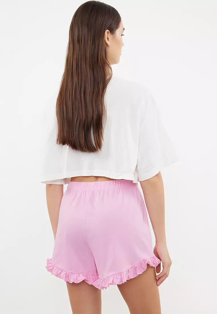 Pink-Burgundy 2-Pack Cotton Frilly Knitted Pajama Bottoms With Ribbon/Bow Detail