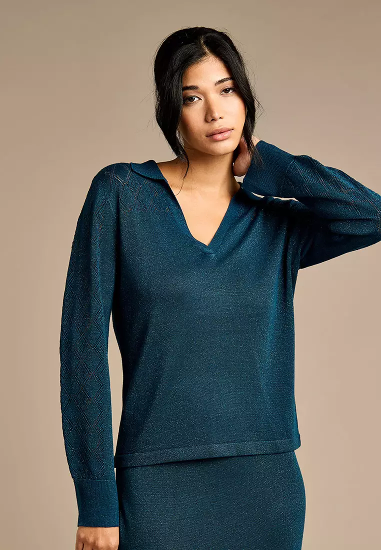 Cosima Petrol Blue Knitted Polo Shirt