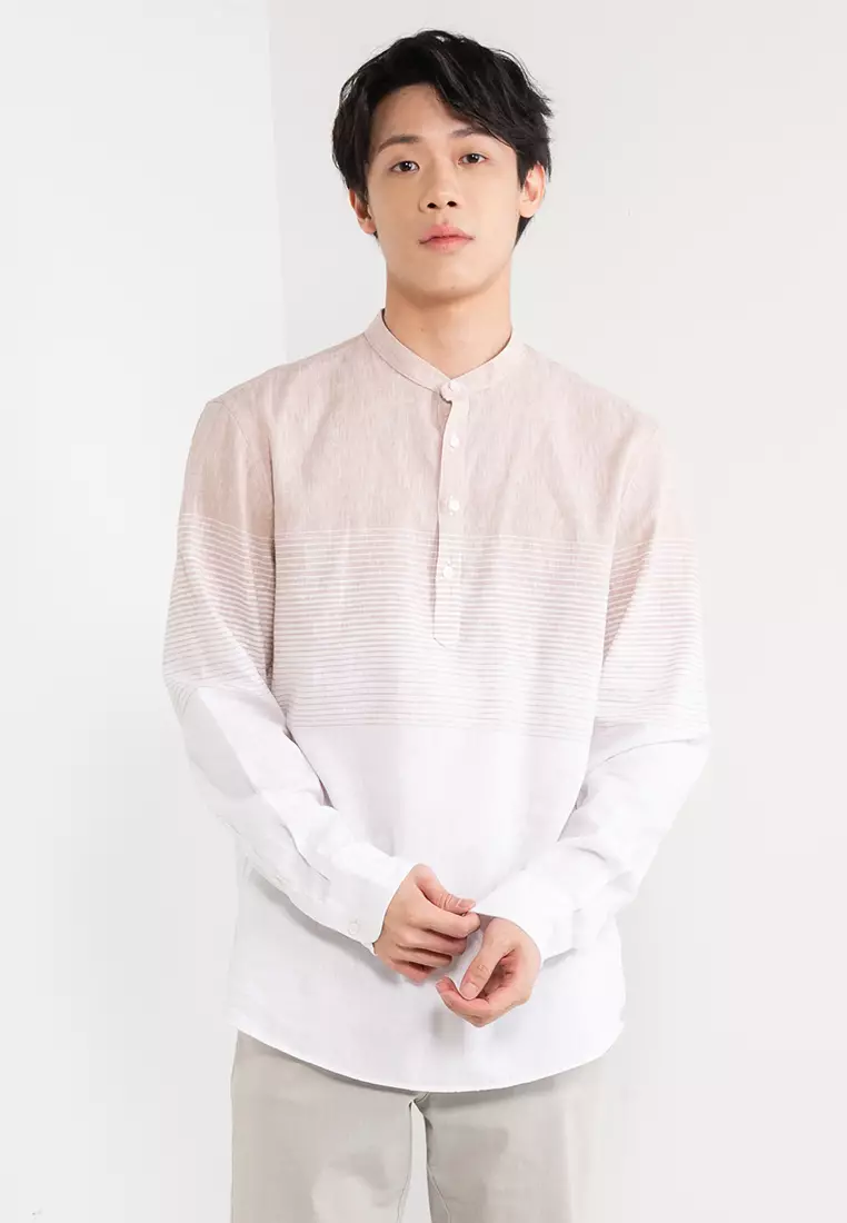 Natural White Cotton Linen Mandarin Collar Shirt –