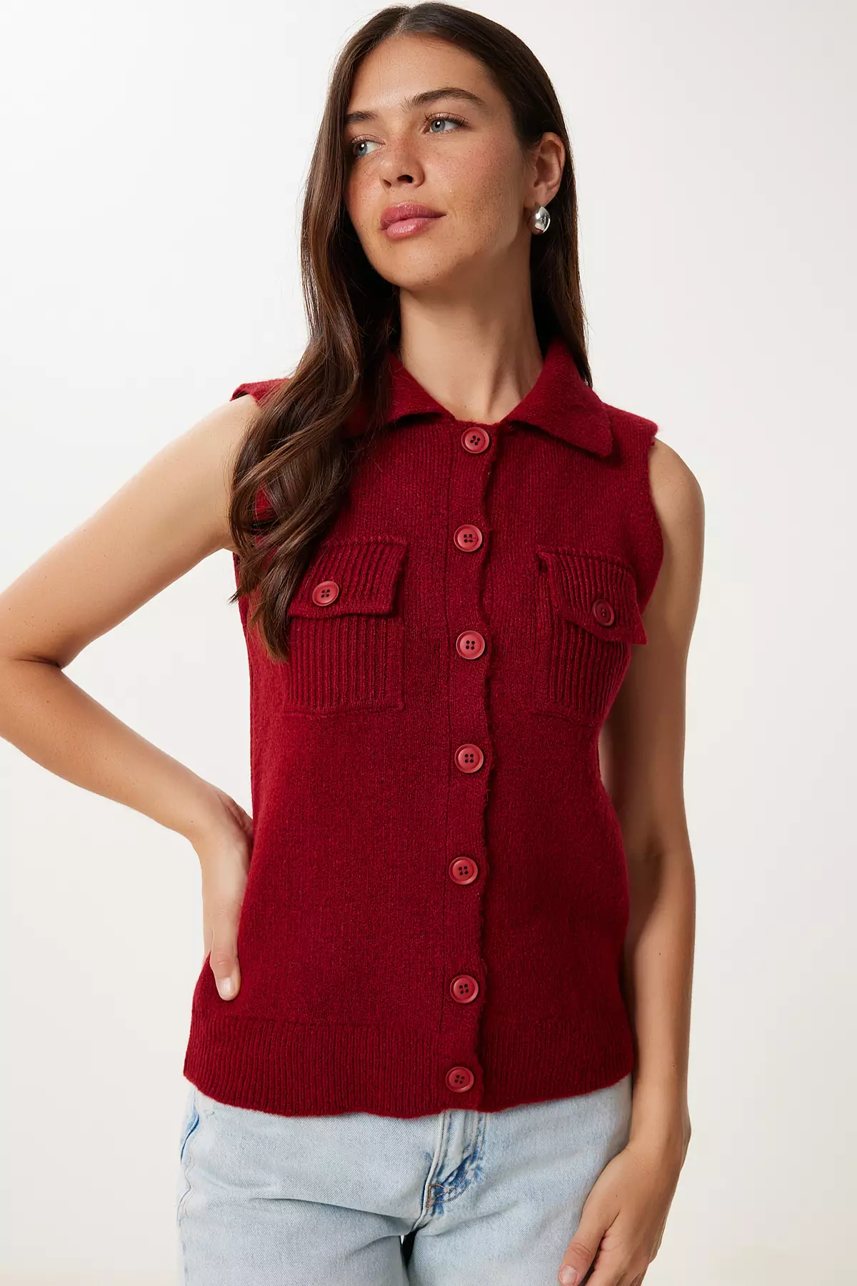 Women's Burgundy Polo Neck Knitwear Vest Yy00244