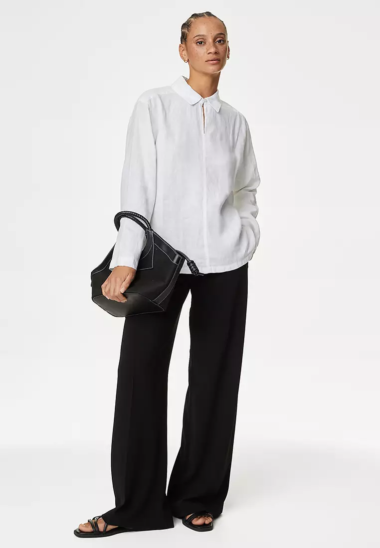Pure Linen Collared Popover Blouse