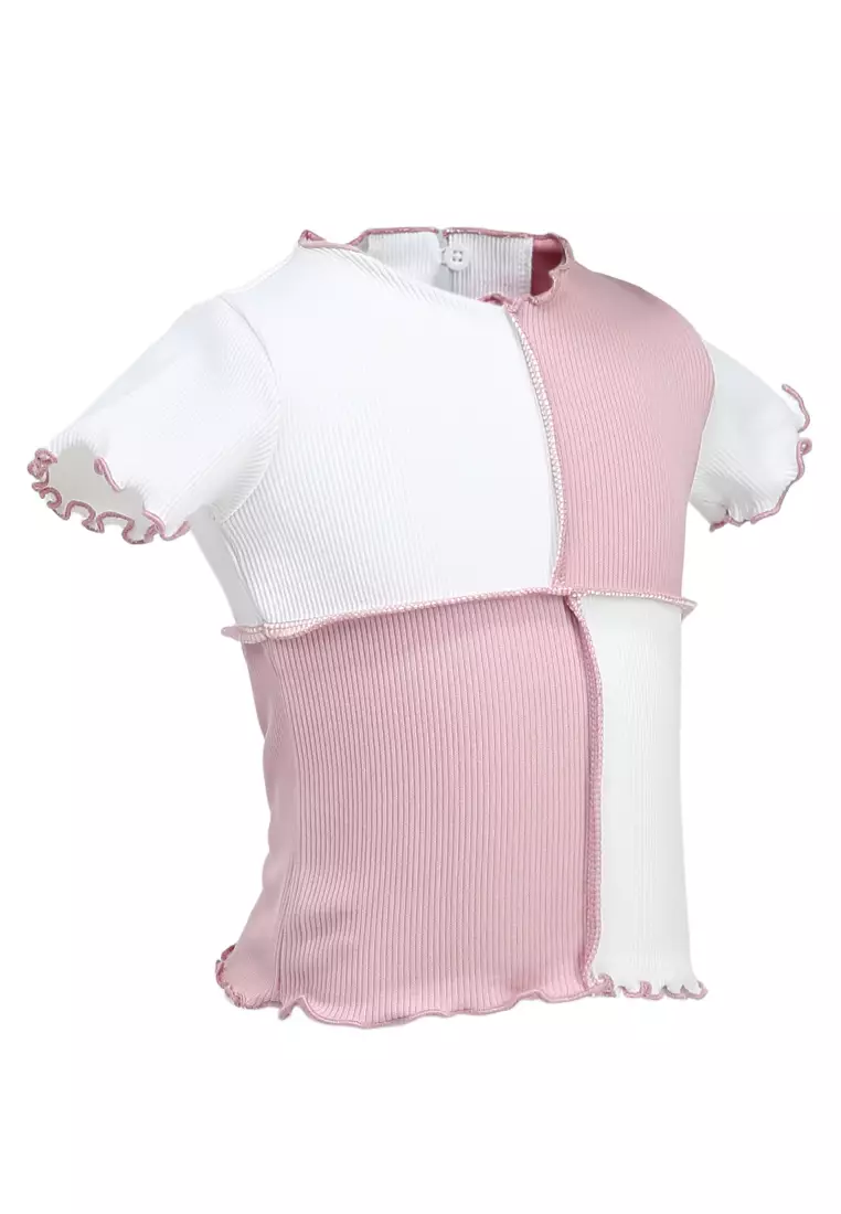 Octavia Top Blouse Anak Perempuan Desain Kombinasi Warna Atasan Lengan Pendek Material Knit ORIGINAL - Baby Pink
