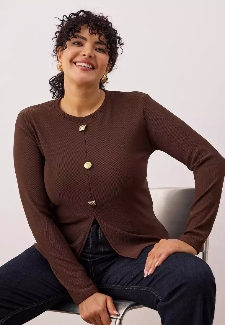 Brown Accessory Buttoned Long Sleeve Ribbed Knitted Plus Size Blouse Tbbaw26Af00078