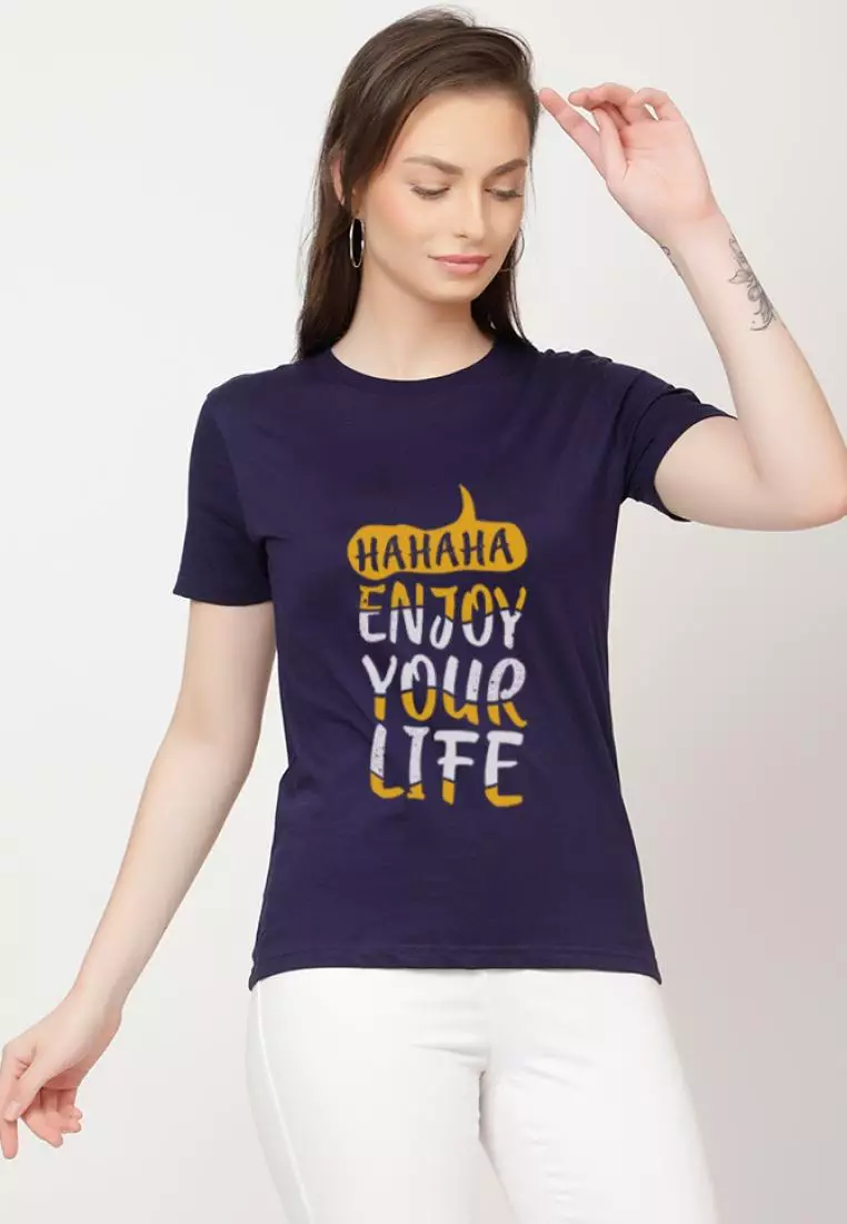享受生活轻松短袖时尚海军蓝色棉质休闲图案印花 T 恤/T 恤