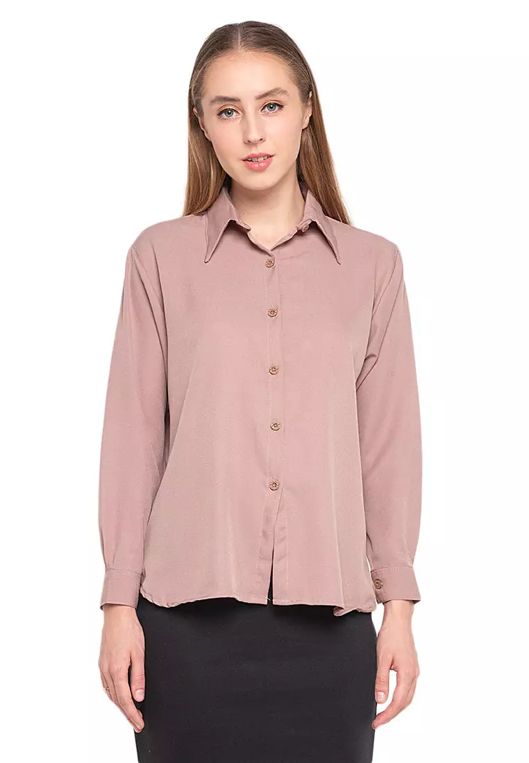 Oriel Kemeja Atasan Lengan Panjang Shirt Wanita Design Basic Polos Regular Fit - Wood