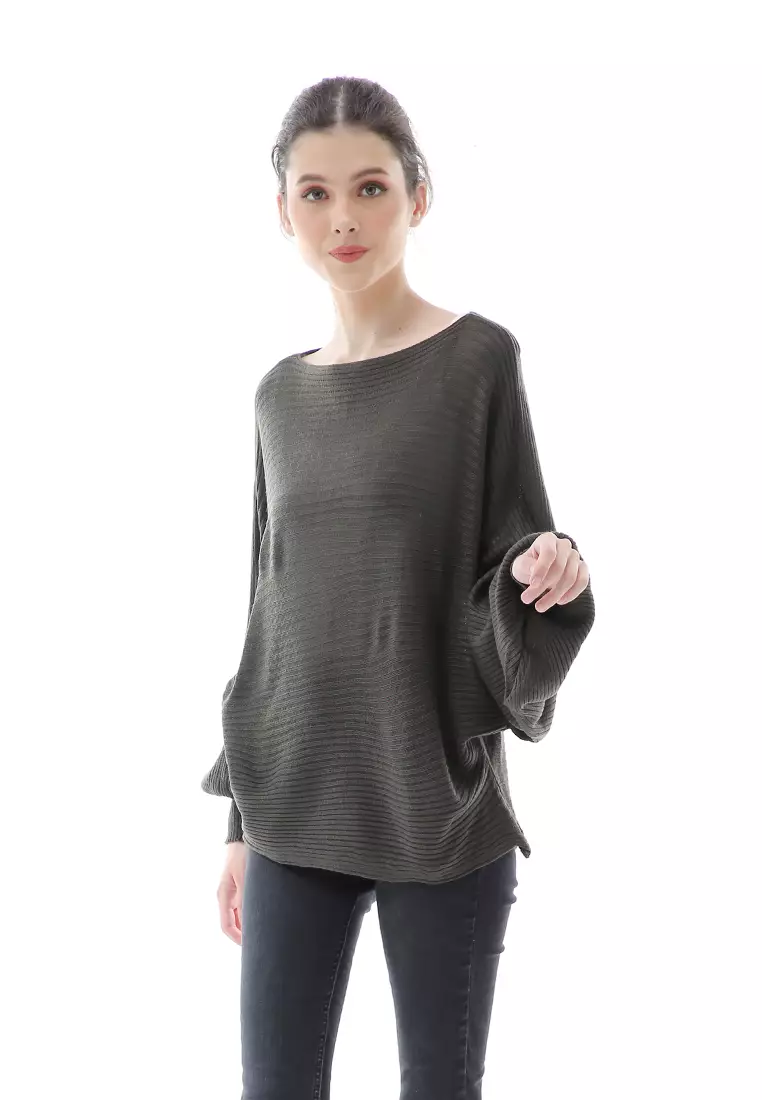 Eveline Sweater Rajut Batwing Atasan Wanita Motif Polos High Quality - Army