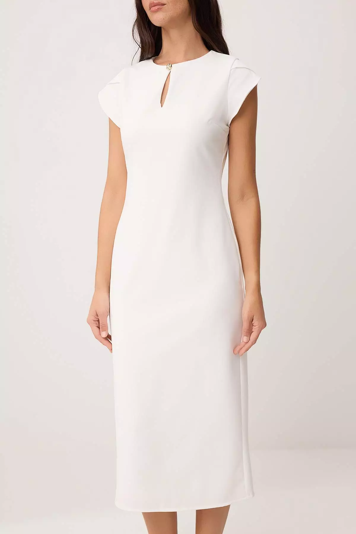 Ecru Lined Accessory Detail Sleeveless Midi Stretchy Woven Dress Twoss26El335