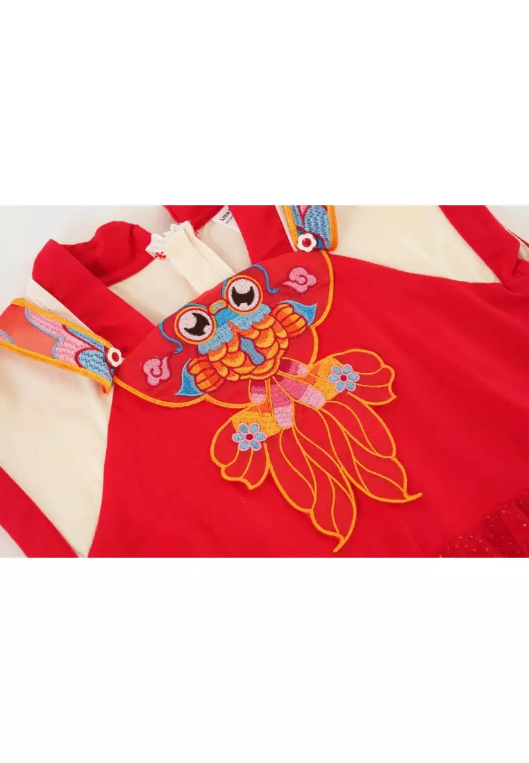 財富和諧紅色家族套裝金魚刺繡嬰幼兒女唐裝漢服裙拜年服0833