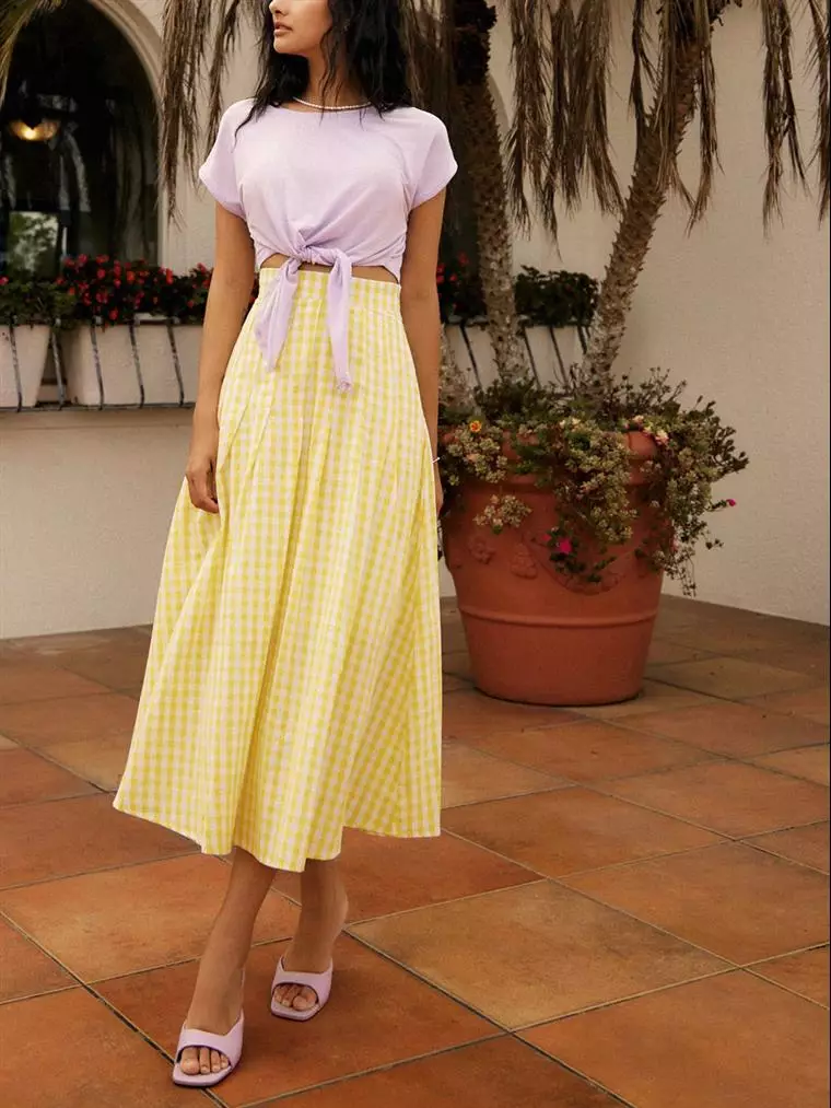 Buy OBSTYLE Xixi Selection．Pure cotton plaid pleated high waist long  circular skirt《CA2737》 in Cream Yellow 2024 Online