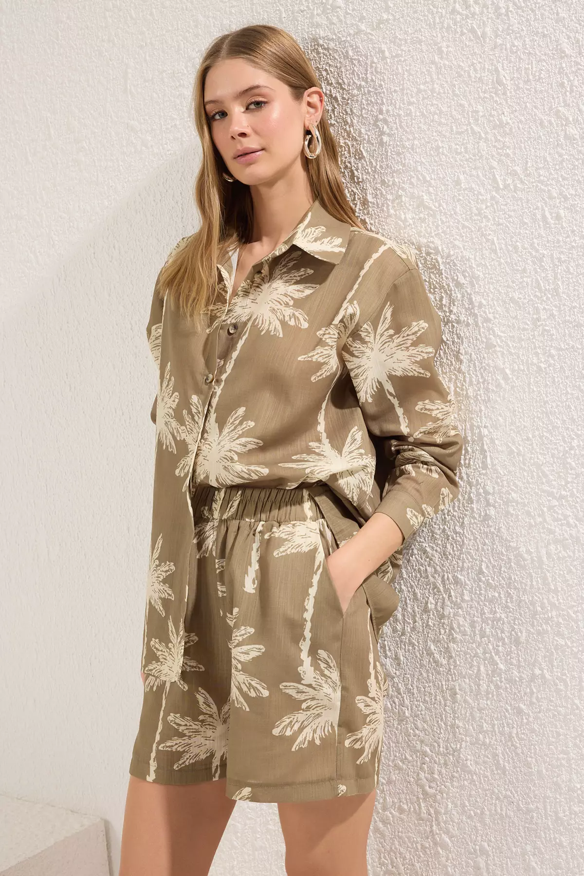 Linen Look Oversize Shirt and Shorts Woven Bottom-Top Set