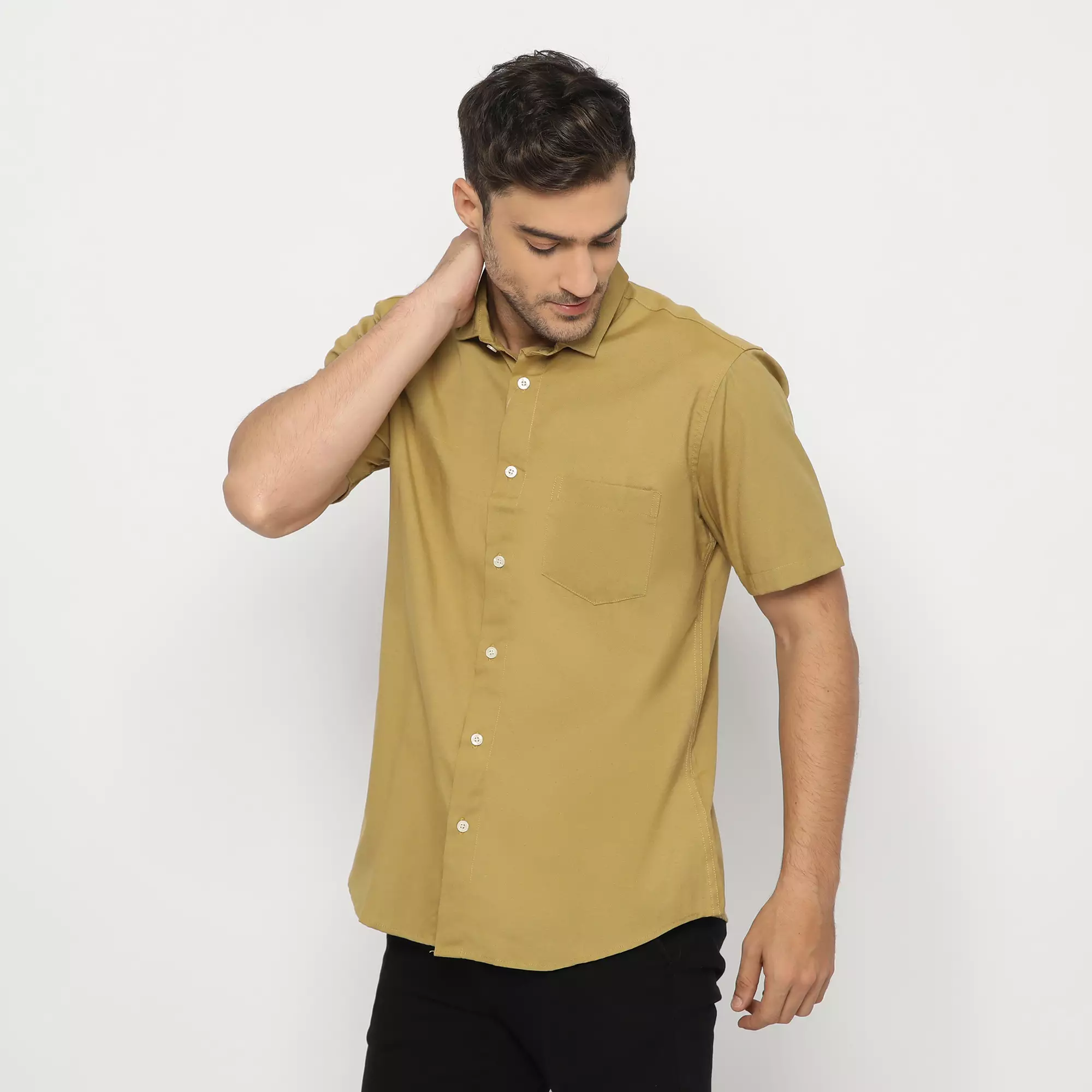 Platini Kemeja Pria Polos Lengan Pendek Katun Chambray Oxford 73318 Kuning Gading