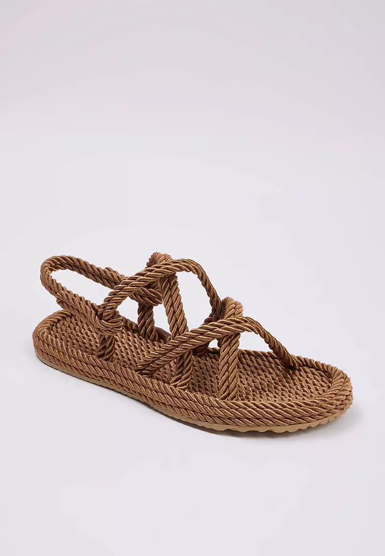 Brown Cross Strap Rope Drawstring Women's Straw Sandals Takss25Sd00056
