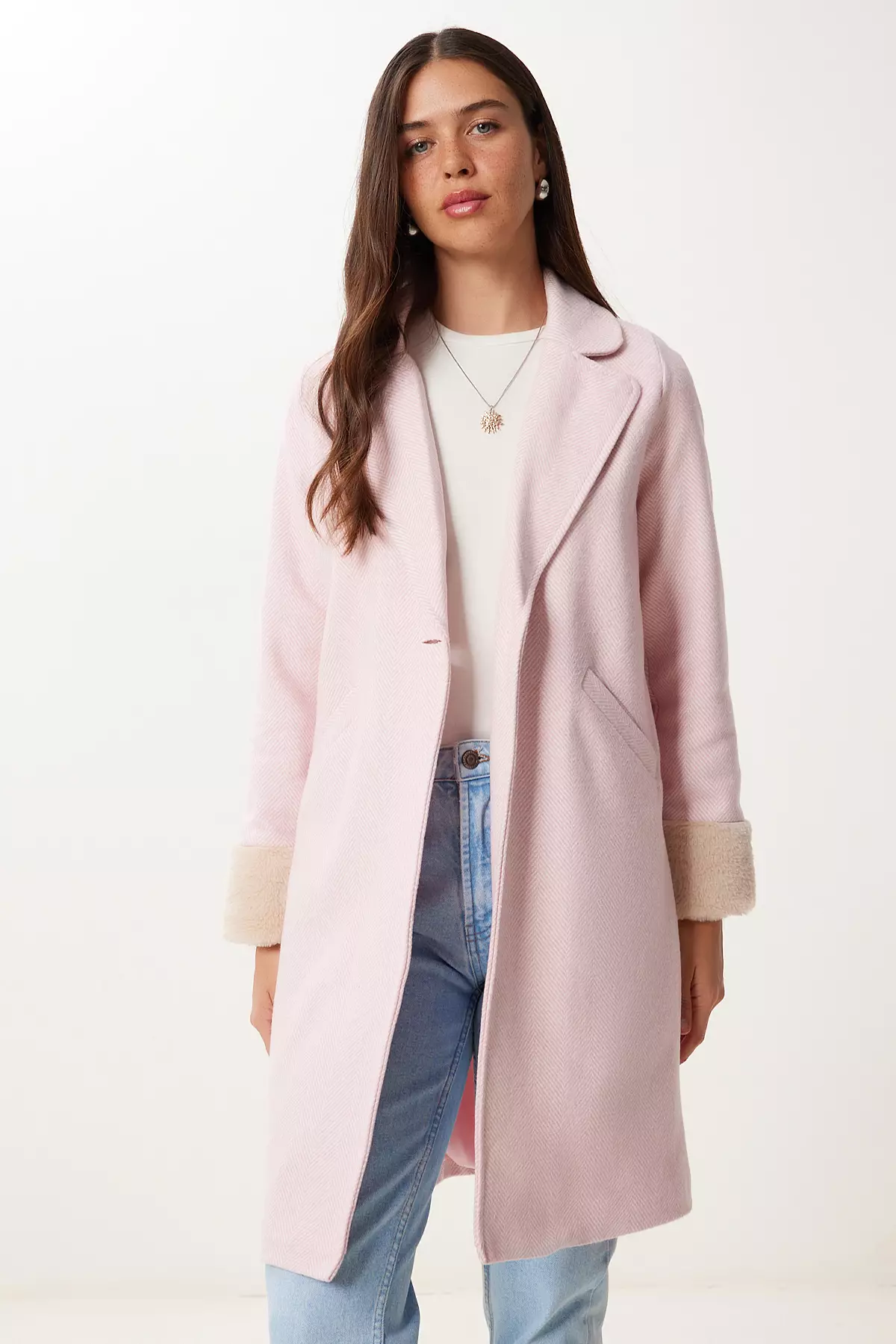 Women's Candy Pink Double Breasted Collar Fur Cashmere Coat Dd01367