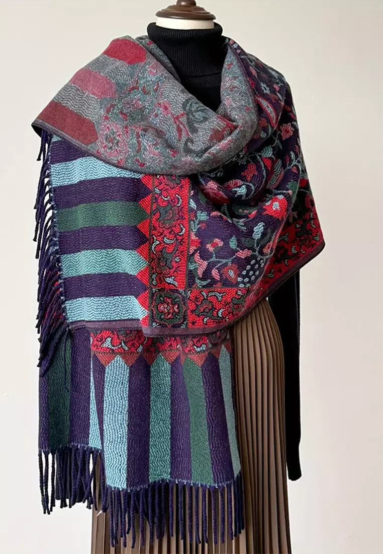 Syal Wanita Reversible Paisley Pattern Cashmere Pashmina Shawl Dusky Garnet