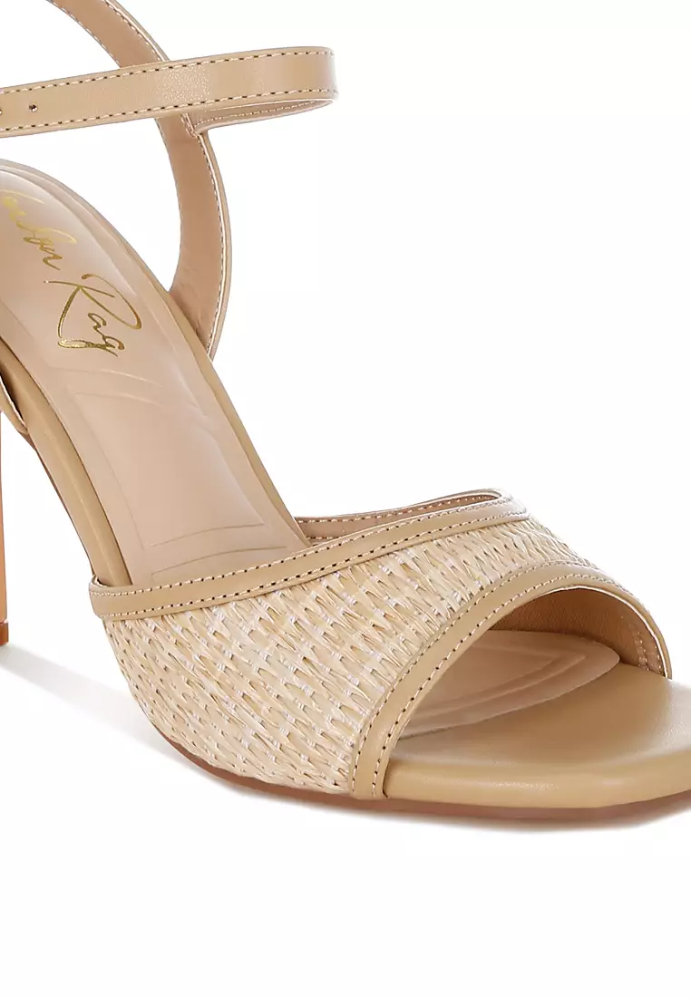 Raffia Square Toe Stiletto Heels In Beige