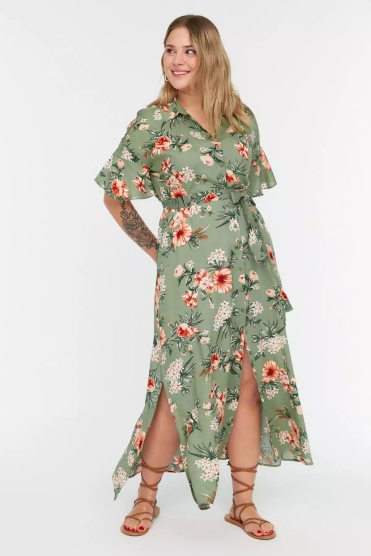 Green Floral Woven Slit Shirt Dress TBBSS22EL1596