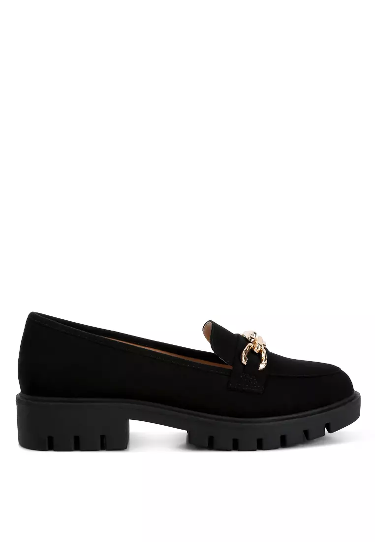 Discount on London Rag  shoes - SKU: Black Micro Suede Metal Chain Link Loafers