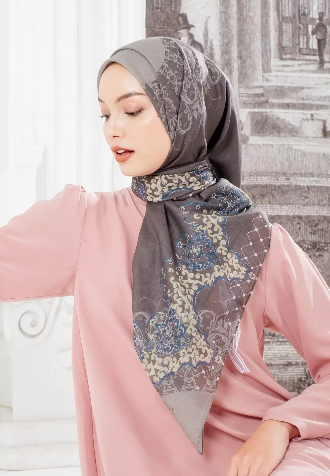 FUGY Scarf Olive - Kerudung Hijab Segiempat Motif With BOX - Bahan Voal Premium - Ukuran 115x115