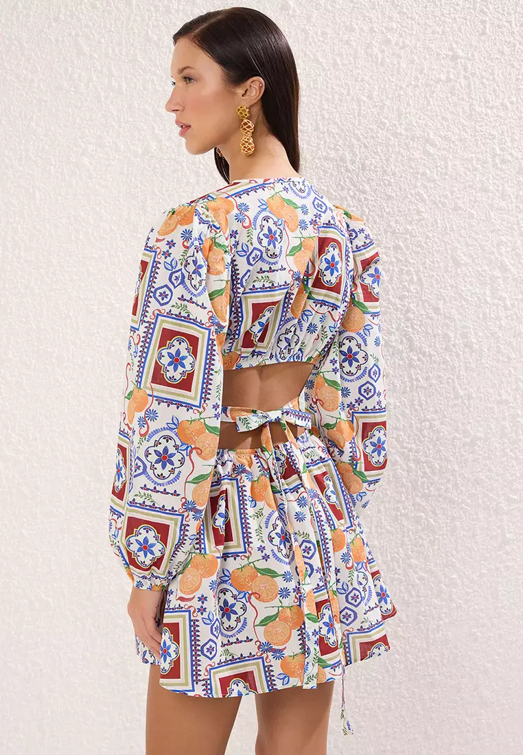 Floral Patterned Mini Woven Cut Out/Window 100% Cotton Beach Dress TBESS23EL00140