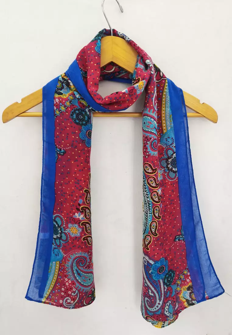 Aksesoris Syal Wanita Paisley Pattern Poly Printed Pashmina Scarf Pink & Blue