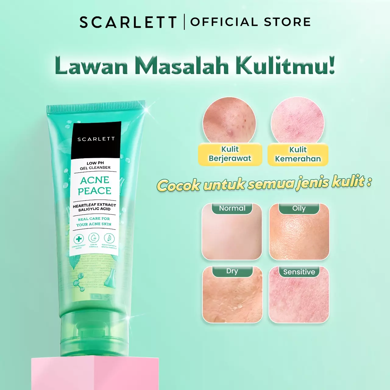 SCARLETT Low pH Acne Peace Gel Cleanser-Facial Wash Gentle Sabun Cuci Muka Low pH, Kulit Tidak Ketarik, Basic Skincare Anti Jerawat, Aman Untuk Kulit Sensitif Aman untuk Skin Barrier, Untuk Kulit Berjerawat dan Berminyak, Membersihkan Kotoran dan Minyak