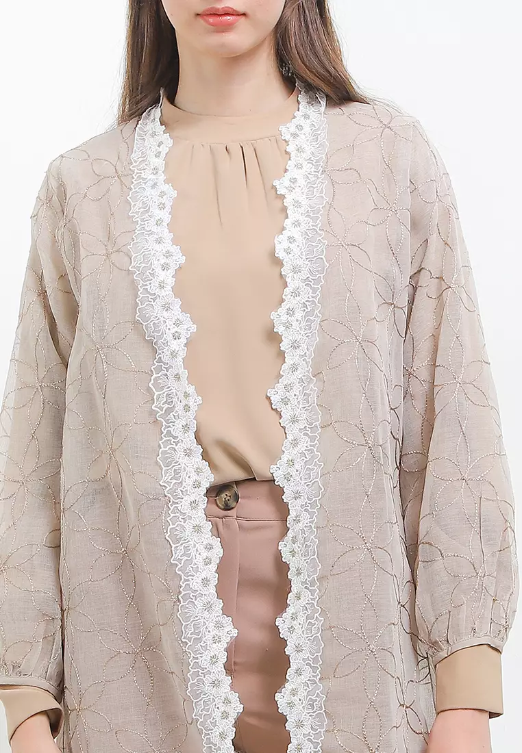 L/S Metallic Flo Emb Outer W/ Flo Lace Trim